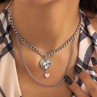 Heart Glaze Pendant Layered Alloy Necklace Silver - One Size