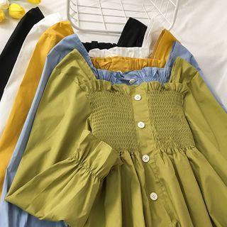 Long-sleeve Shirred Buttoned Top
