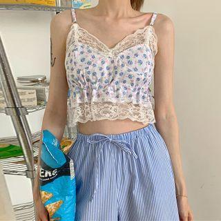 Floral Print Camisole Top / Short-sleeve Cropped T-shirt / Striped Wide Leg Pants