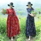 Flower Print Long-sleeve A-line Maxi Dress