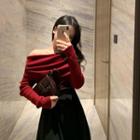 Off-shoulder Long-sleeve Knit Top / High Waist A-line Skirt