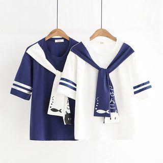 Elbow-sleeve Striped Trim Cartoon Cat Printed Paneled T-shirt