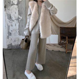Long Sleeve V-neck Knit Top / Wide Leg Pants / Faux-fur Vest