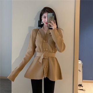 Long-sleeve V-neck Knit Double-breasted Top