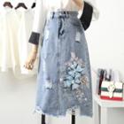 Flower Detail Distressed A-line Denim Skirt