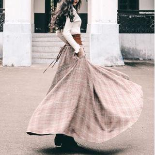 Mock-neck Sweater / Plaid Maxi A-line Skirt / Set