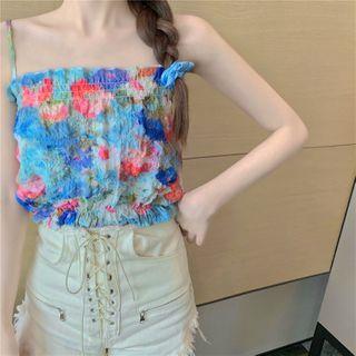 Printed Ruffle Trim Crinkled Cropped Camisole Top