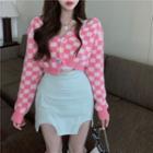Long-sleeve Plaid Knit Cropped Cardigan As Shown In Figure - One Size