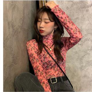 Turtleneck Long-sleeve Floral Top