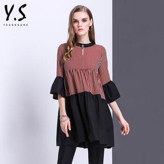 Stripe Panel Bell-sleeve A-line Dress