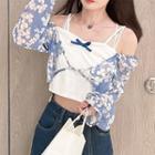 Long-sleeve Off Shoulder Mock Two Piece Floral Top Floral - Blue & White - One Size