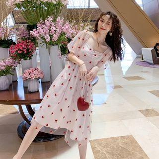 Elbow-sleeve Heart-pattern Midi A-line Mesh Dress
