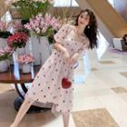Elbow-sleeve Heart-pattern Midi A-line Mesh Dress