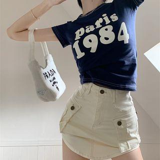 Short-sleeve Lettering T-shirt / Denim Pencil Skirt / Set