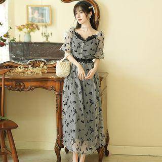 Elbow-sleeve Floral Mesh Midi A-line Dress