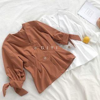 Ribbon Lace-up Frilled V-neck Blouse