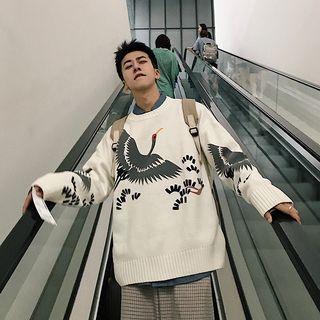 Crane-embroidered Knit Sweater