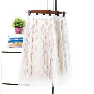 Leaf Print Mesh Overlay Lace Skirt
