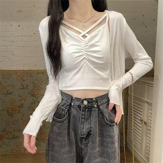 Set: Plain Cardigan + Cross Strap Cropped Camisole Top
