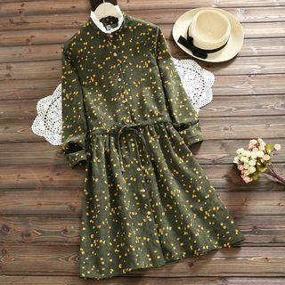 Long-sleeve Mock Neck Floral Print Corduroy Shirtdress