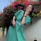 Puff-sleeve Square-neck Dress Green - One Size