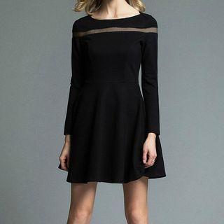 Mesh Insert Long-sleeve A-line Dress
