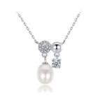 925 Sterling Silver Fashion Bright Geometric Round Freshwater Pearl Necklace With Cubic Zirconia Silver - One Size