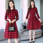 3/4-sleeve Gingham A-line Collared Dress