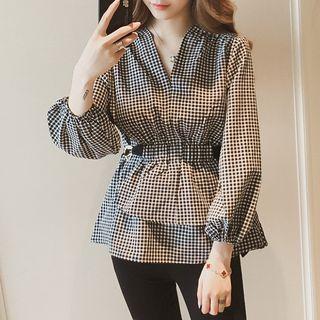 Puff-sleeve Plaid Frill Trim Top
