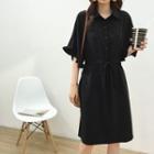 3/4-sleeve Frill Trim Buttoned Chiffon Dress Black - One Size