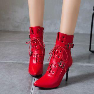 Pointed Lace Up Buckled Stiletto Short Boots
