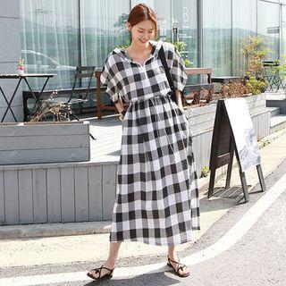 Puff-sleeve Gingham Maxi Hoodie Dress