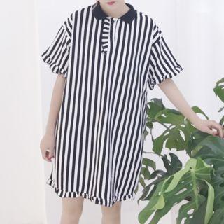 Frilled Striped Short-sleeve Polo Shirt Dress