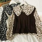 Set: Knit Vest + Ruffle-trim Printed Shirt