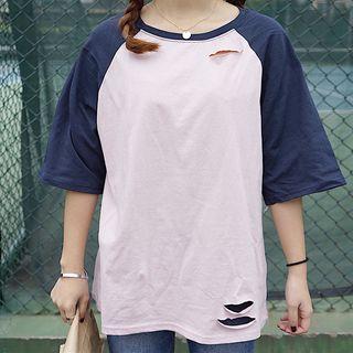 Ripped Raglan Elbow-sleeve T-shirt