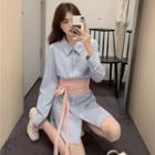 Set: Long-sleeve Mini A-line Shirtdress + Waist Belt Light Blue - One Size
