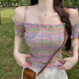 Cold-shoulder Short-sleeve Plaid Blouse