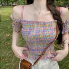 Cold-shoulder Short-sleeve Plaid Blouse