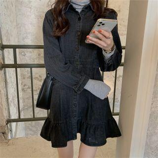 Long-sleeve Denim Ruffle Hem Dress