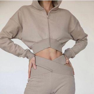 Set: Long-sleeve Plain Cropped Zip Hoodie + Cross-strap Pants
