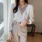 Long Sleeve V-neck Embroidered Chiffon Top