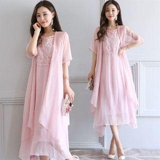 Set: Sleeveless Dress + Open Front Chiffon Long Top