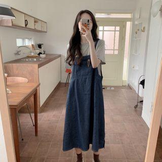 Short-sleeve Plain T-shirt / Denim Overall Dress