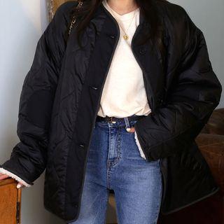 Collarless Fleece-lined Oversized Padded Jacket Black - One Size