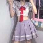 Short-sleeve Sailor Collar Blouse / Mini A-line Pleated Skirt