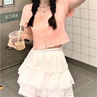 V-neck Ruffled T-shirt / Ruffled-trim Mini Skirt