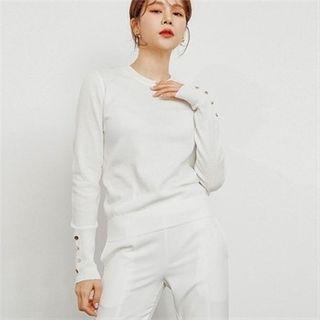 Round-neck Button-cuff Knit Top