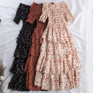 Heart Print Off-shoulder Tiered Midi Dress