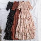 Heart Print Off-shoulder Tiered Midi Dress