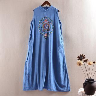 Sleeveless Floral Embrodery A-line Midi Dress